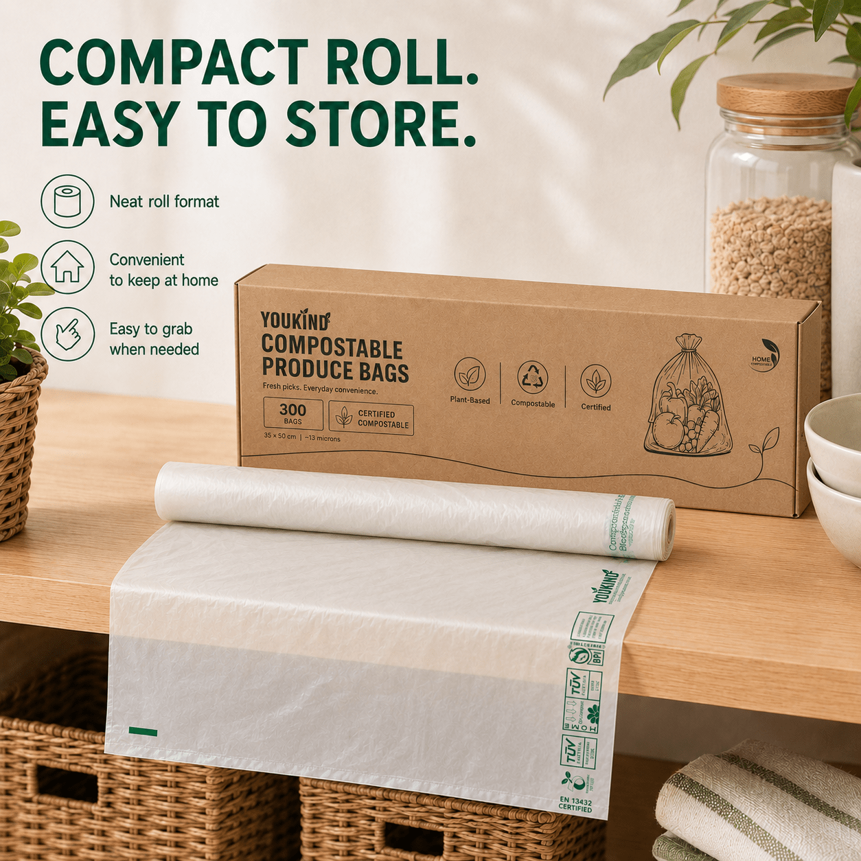 Compostable Produce Bags, 300 Per Roll, Fruit & Veg - YouKind