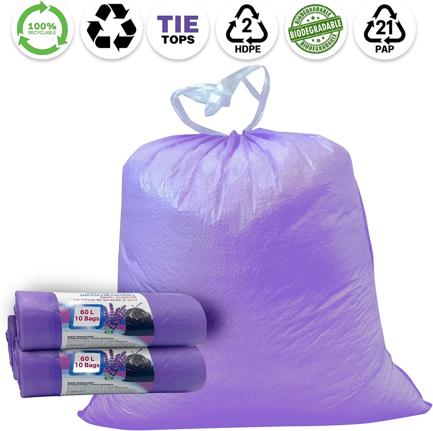 35L and 60L Lavender Scented  Biodegradable Plastic Bin Liners - 3 Rolls